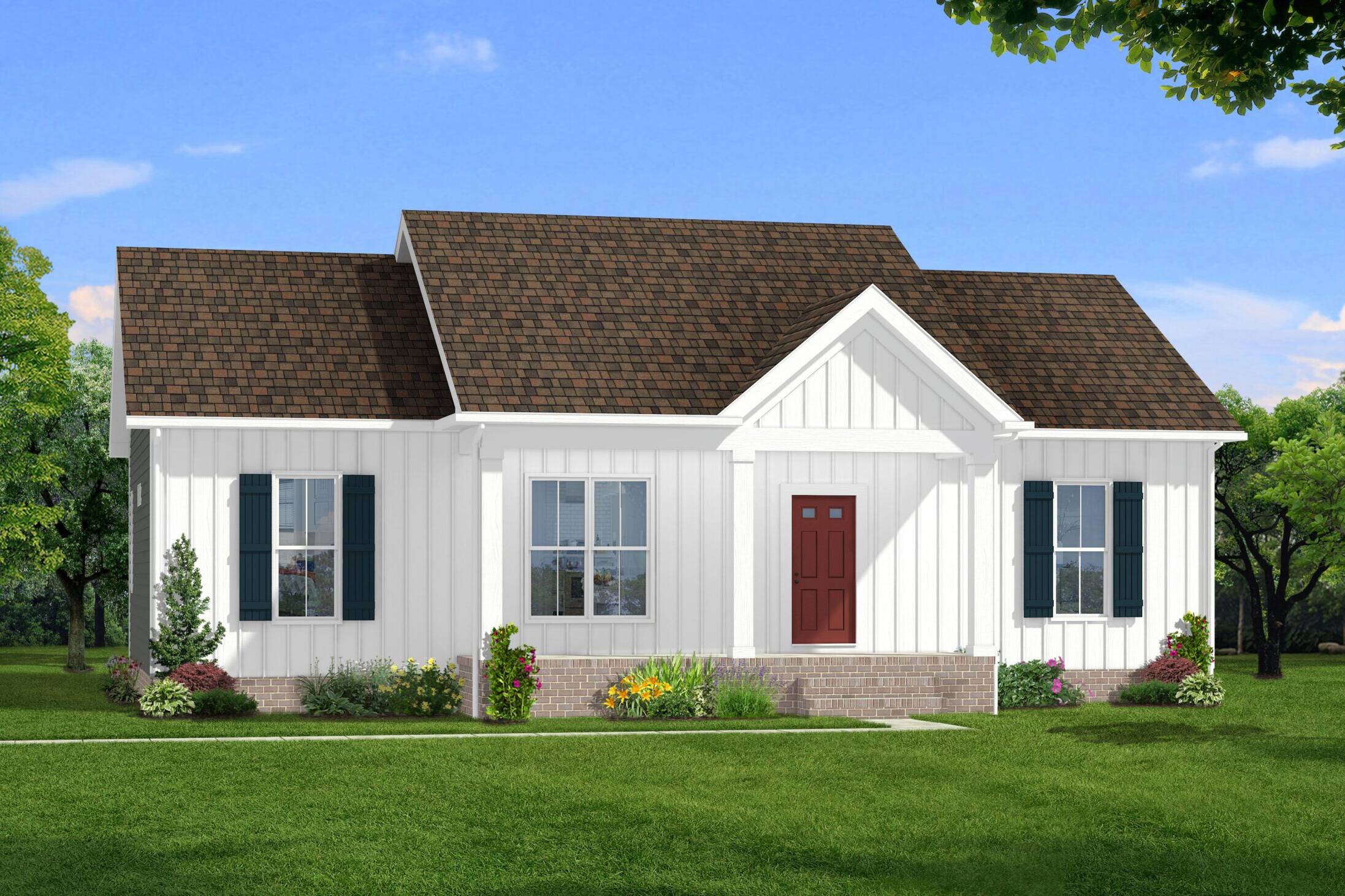 single-story white home with board and batten siding, a gabled roof, dark green shutters, and a red front door. The house features a landscaped yard