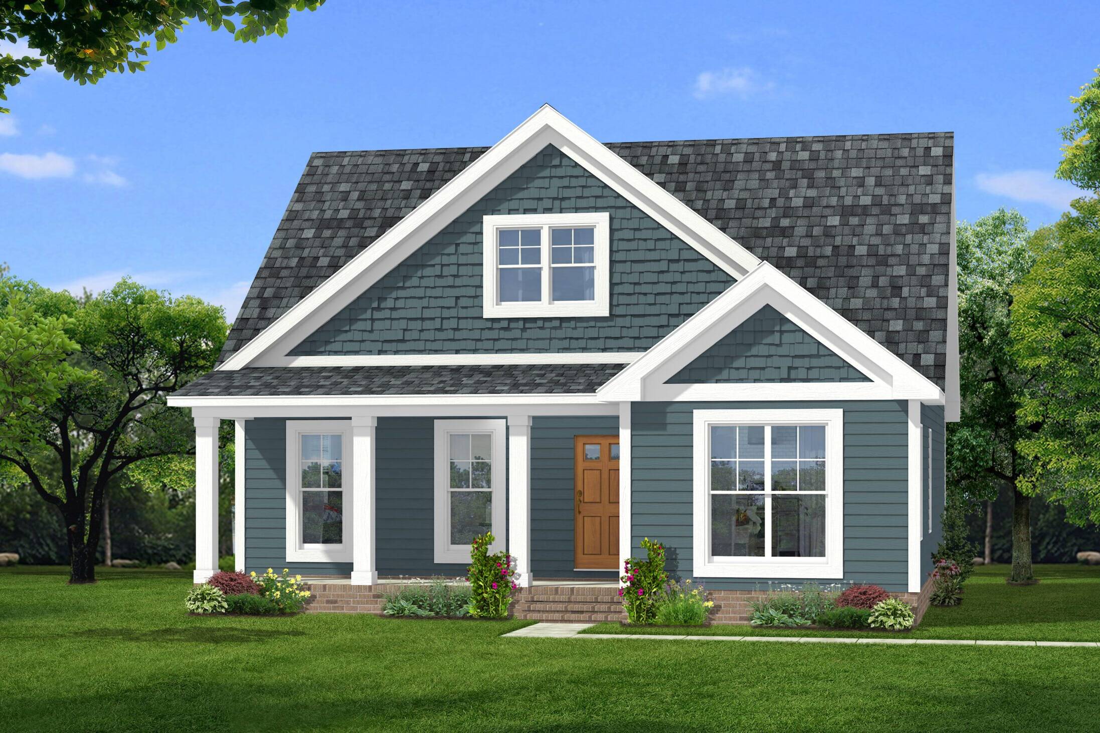 Cape Cod-style new construction home by Rock River Homes, featuring a gable roof, dormer window, board-and-batten siding, and a welcoming front porch