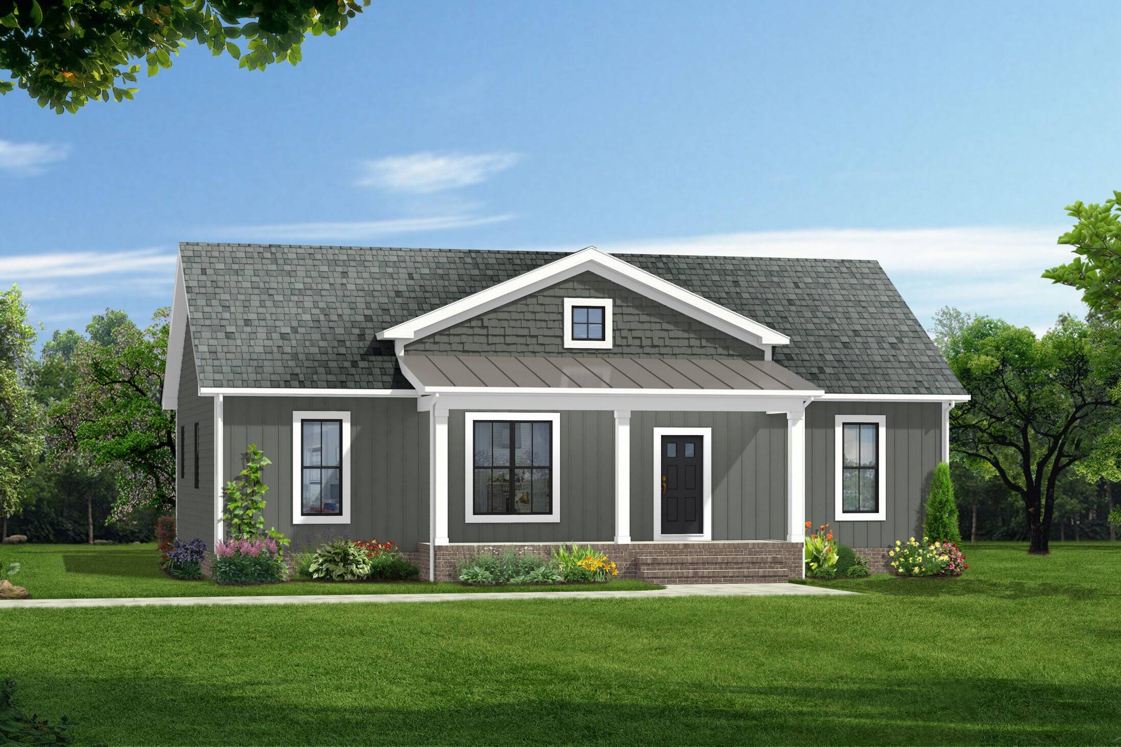 Exterior rendering of a home showcasing a front porch, board-and-batten siding, black-framed windows, and decorative architectural details including a metal roof accent