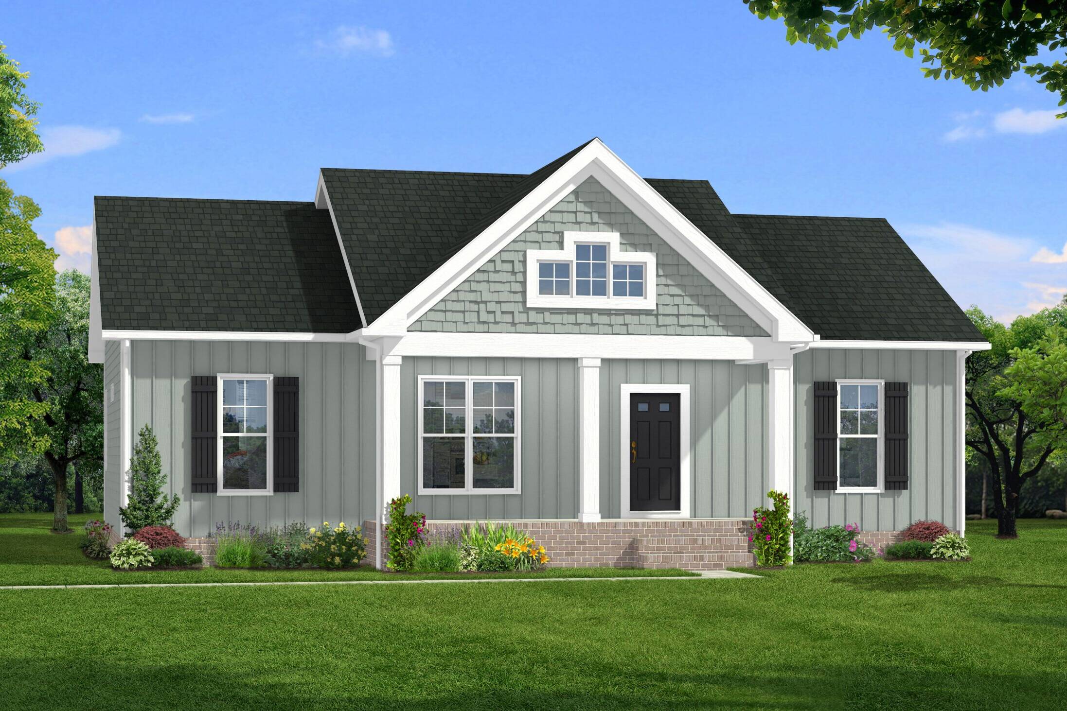 cottage-style home featuring vertical board and batten siding, decorative gables, and black shutters. A welcoming front porch complements its charming curb appeal