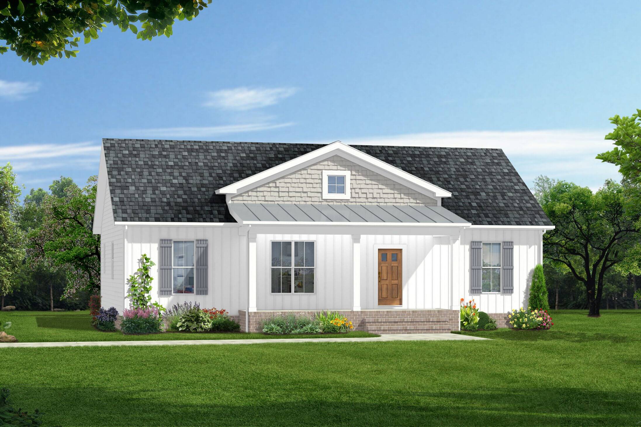 Charming new construction home with board-and-batten siding, architectural shingles, wood grain fiberglass door, gray cottage shutters, and a welcoming covered porch.