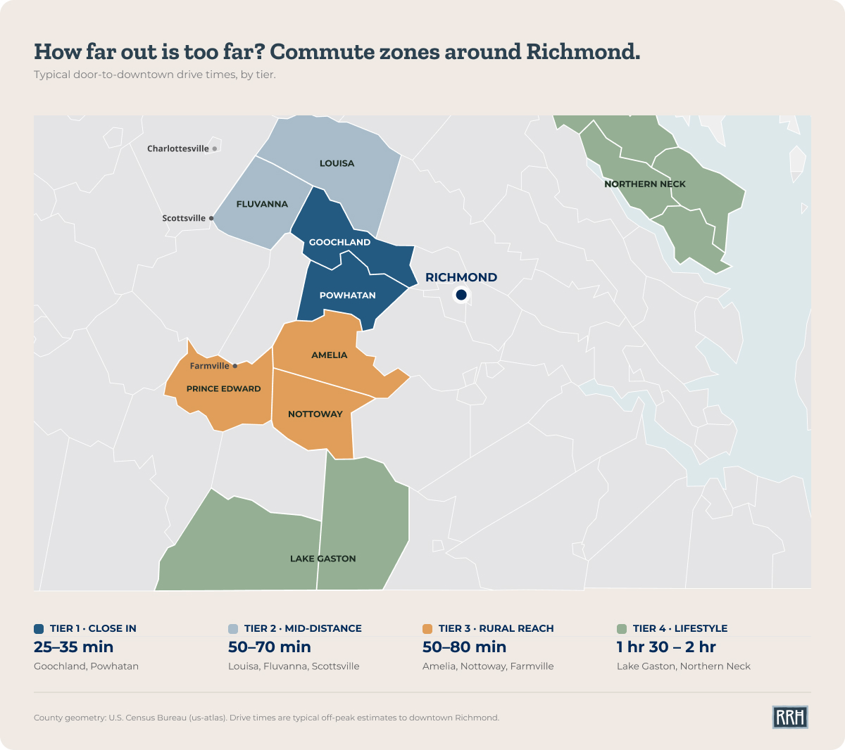 Graphic showing Commute zones around Richmond, VA